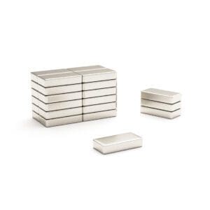 Rectangular block Neodymium magnet with dimensions 10mm x 5mm x 2mm, grade N42, featuring a nickel-copper-nickel coating and an 0.88KG pull force, commonly used in DIY, crafts, furniture design, fixings, kitchen design, sale display units, scale models, lock mechanisms, science experiments, education, computing and many more.