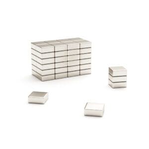 Square block Neodymium magnet with dimensions 5mm x 5mm x 2mm, grade N42, featuring a nickel-copper-nickel coating and an 0.55KG pull force, commonly used in DIY, crafts, furniture design, fixings, kitchen design, sale display units, scale models, lock mechanisms, science experiments, education, computing and many more.