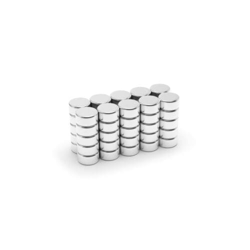Round Circular Disc Neodymium magnet with dimensions 6mm x 3mm, grade N42 , featuring a nickel-copper-nickel coating and an 0.89KG pull force, commonly used in DIY, crafts, furniture design, fixings, kitchen design, sale display units, scale models, lock mechanisms, science experiments, computing and many more.
