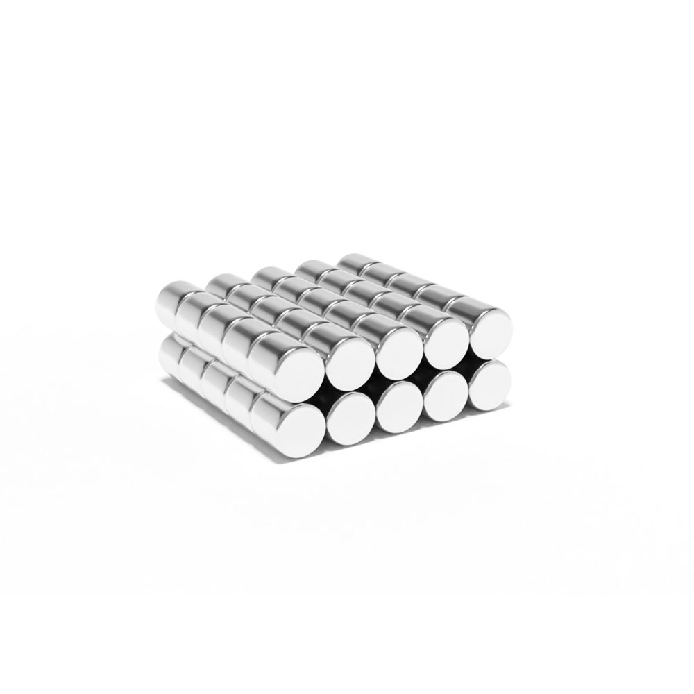 Round Cylinder Neodymium magnet with dimensions 5mm x 5mm, grade N42 , featuring a nickel-copper-nickel coating and an 0.92KG pull force, commonly used in in DIY, crafts, furniture design, fixings, kitchen design, sale display units, scale models, lock mechanisms, science experiments, computing and many more.