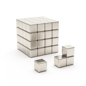 Square block Neodymium magnet with dimensions 5mm x 5mm x 5mm, grade N38, featuring a nickel-copper-nickel coating and an 1.14KG pull force, commonly used in DIY, crafts, furniture design, fixings, kitchen design, sale display units, scale models, lock mechanisms, science experiments, education, computing and many more.