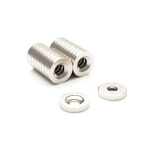 Round Circular Disc Neodymium magnet with countersunk hole for screwing and with dimensions 8mm x 3mm x (3mm hole), grade N42, featuring a nickel-copper-nickel coating and an 1.26KG pull force, commonly used in DIY, crafts, furniture design, fixings, kitchen design, lock mechanisms and science experiments.