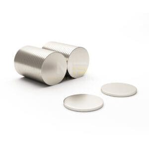 Round Circular Disc Neodymium magnet with dimensions 20mm x 3mm, grade N42, featuring a nickel-copper-nickel coating and an 3.91KG pull force, commonly used in DIY, crafts, furniture design, fixings, kitchen design, sale display units, scale models, lock mechanisms, science experiments, computing and many more.