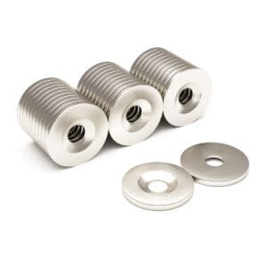 Round Circular Disc Neodymium magnet with countersunk hole for screwing and with dimensions 20mm x 3mm x (5mm hole), grade N38, featuring a nickel-copper-nickel coating and an 3.81KG pull force, commonly used in DIY, crafts, furniture design, fixings, kitchen design, lock mechanisms and science experiments.