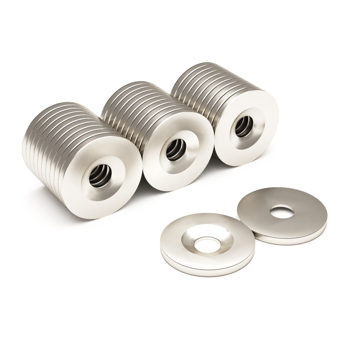 Round Circular Disc Neodymium magnet with countersunk hole for screwing and with dimensions 20mm x 3mm x (5mm hole), grade N38, featuring a nickel-copper-nickel coating and an 3.81KG pull force, commonly used in DIY, crafts, furniture design, fixings, kitchen design, lock mechanisms and science experiments.