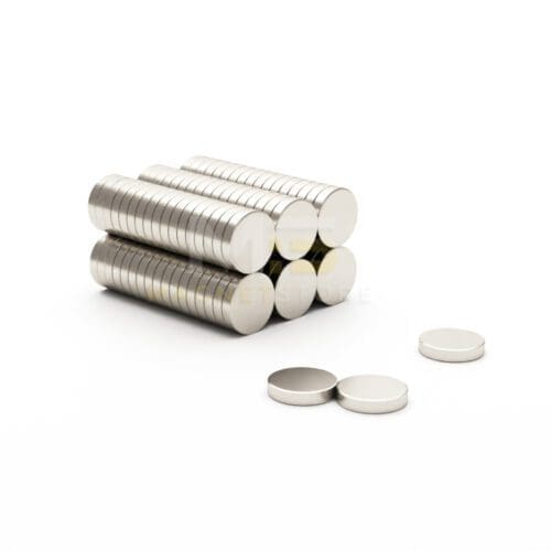Round Circular Disc Neodymium magnet with dimensions 5mm x 2mm, grade N42, featuring a nickel-copper-nickel coating and an 0.47KG pull force, commonly used in DIY, crafts, furniture design, fixings, kitchen design, sale display units, scale models, lock mechanisms, science experiments, education, computing and many more.