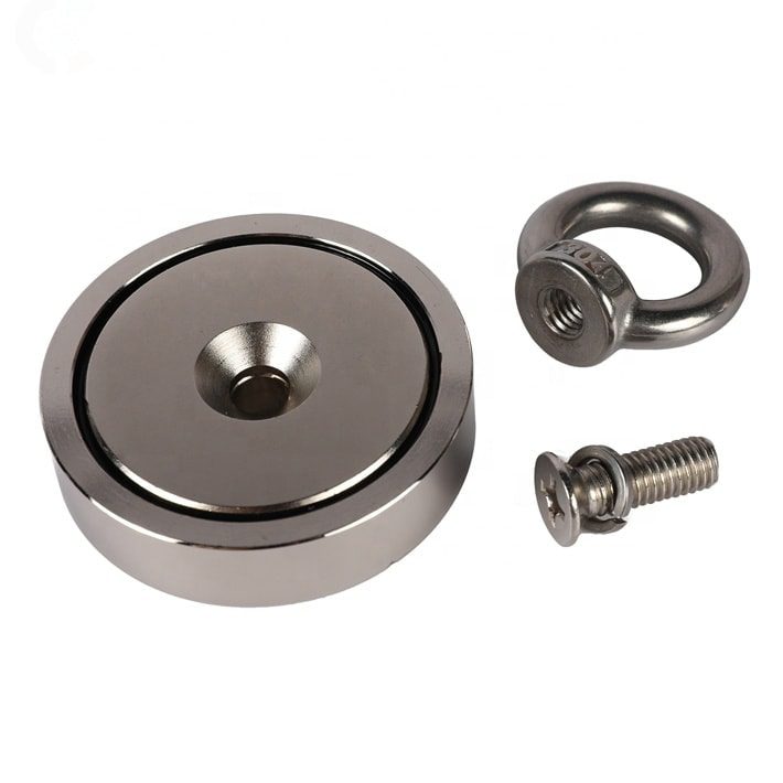 Heavy-duty fishing magnet brand Magnet Store 60mm Pot Magnet featuring a nickel-copper-nickel coating and an 180KG pull force, commonly used in for retrieving items from bodies of water such as canals and rivers.