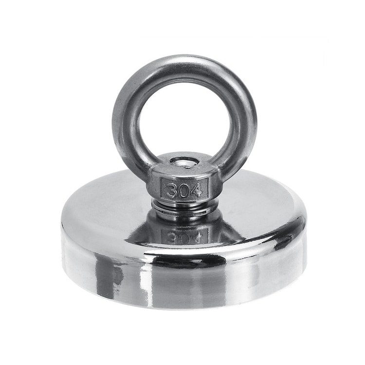Heavy-duty fishing magnet brand Magnet Store 60mm Pot Magnet featuring a nickel-copper-nickel coating and an 180KG pull force, commonly used in for retrieving items from bodies of water such as canals and rivers.
