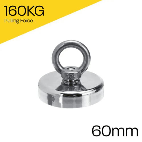 Heavy-duty fishing magnet brand Magnet Store 60mm Pot Magnet featuring a nickel-copper-nickel coating and an 160KG pull force, commonly used in for retrieving items from bodies of water such as canals and rivers.