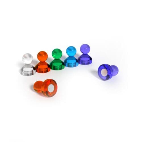 Colourful magnetic pins with a round plastic head, grade N35, size 11mm, and pull force of 5.22KG, used for securing notes and documents to magnetic surfaces like whiteboards and refrigerators.