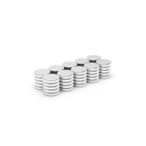 Round Circular Disc Neodymium magnet with dimensions 5mm x 1mm Disc, grade N42, featuring a nickel-copper-nickel coating and an 0.22KG pull force, commonly used in DIY, crafts, furniture design, fixings, kitchen design, sale display units, scale models, lock mechanisms, science experiments, computing and many more.