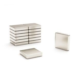 Square block Neodymium magnet with dimensions 10mm x 10mm x 2mm, grade N42, featuring a nickel-copper-nickel coating and an 1.41KG pull force, commonly used in DIY, crafts, furniture design, fixings, kitchen design, sale display units, scale models, lock mechanisms, science experiments, education, computing and many more.