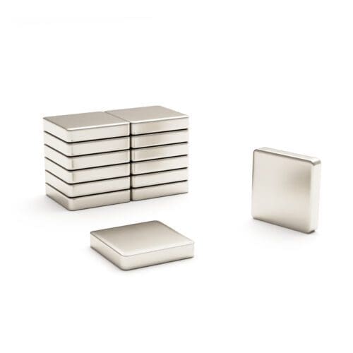 Square block Neodymium magnet with dimensions 10mm x 10mm x 2mm, grade N42, featuring a nickel-copper-nickel coating and an 1.41KG pull force, commonly used in DIY, crafts, furniture design, fixings, kitchen design, sale display units, scale models, lock mechanisms, science experiments, education, computing and many more.