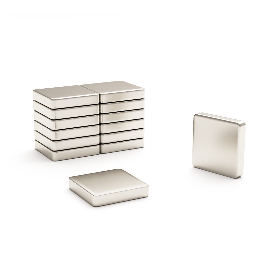 Square block Neodymium magnet with dimensions 10mm x 10mm x 2mm, grade N42, featuring a nickel-copper-nickel coating and an 1.41KG pull force, commonly used in DIY, crafts, furniture design, fixings, kitchen design, sale display units, scale models, lock mechanisms, science experiments, education, computing and many more.