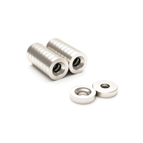 Round Circular Disc Neodymium magnet with countersunk hole for screwing and with dimensions 10mm x 5mm x (3.2mm hole), grade N42, featuring a nickel-copper-nickel coating and an 2.68KG pull force, commonly used in DIY, crafts, furniture design, fixings, kitchen design, lock mechanisms and science experiments.