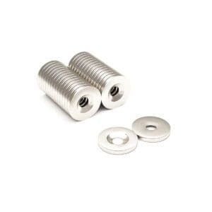 Round Circular Disc Neodymium magnet with countersunk hole for screwing and with dimensions 14mm x 3.6mm x (3.5mm hole), grade N42, featuring a nickel-copper-nickel coating and an 3.52 pull force, commonly used in DIY, crafts, furniture design, fixings, kitchen design, lock mechanisms and science experiments.