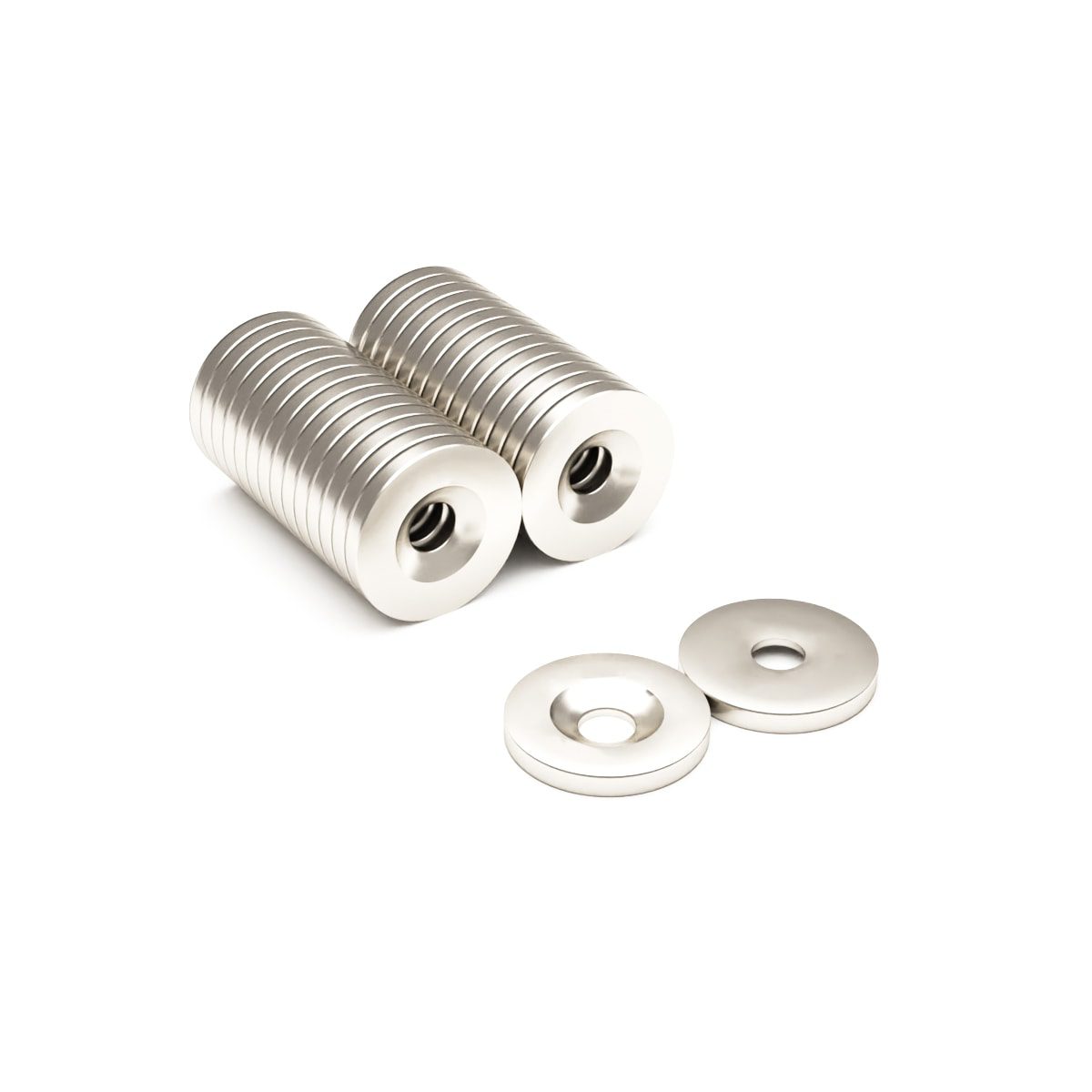 Round Circular Disc Neodymium magnet with countersunk hole for screwing and with dimensions 14mm x 3.6mm x (3.5mm hole), grade N42, featuring a nickel-copper-nickel coating and an 3.52 pull force, commonly used in DIY, crafts, furniture design, fixings, kitchen design, lock mechanisms and science experiments.