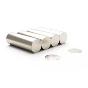 Round Circular Disc Neodymium magnet with dimensions 15mm x 1mm, grade N42, featuring a nickel-copper-nickel coating and an 0.91KG pull force, commonly used in DIY, crafts, furniture design, fixings, kitchen design, sale display units, scale models, lock mechanisms, science experiments, computing and many more.
