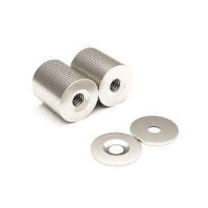 Round Circular Disc Neodymium magnet with countersunk hole for screwing and with dimensions 15mm x 2mm x (4.2mm hole), grade N42, featuring a nickel-copper-nickel coating and an 1.95KG pull force, commonly used in DIY, crafts, furniture design, fixings, kitchen design, lock mechanisms and science experiments.