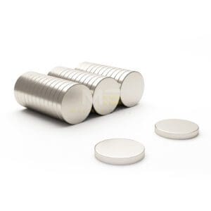 Round Circular Disc Neodymium magnet with dimensions 15mm x 5mm, grade N42, featuring a nickel-copper-nickel coating and an 5.48KG pull force, commonly used in DIY, crafts, furniture design, fixings, kitchen design, sale display units, scale models, lock mechanisms, science experiments, computing and many more.