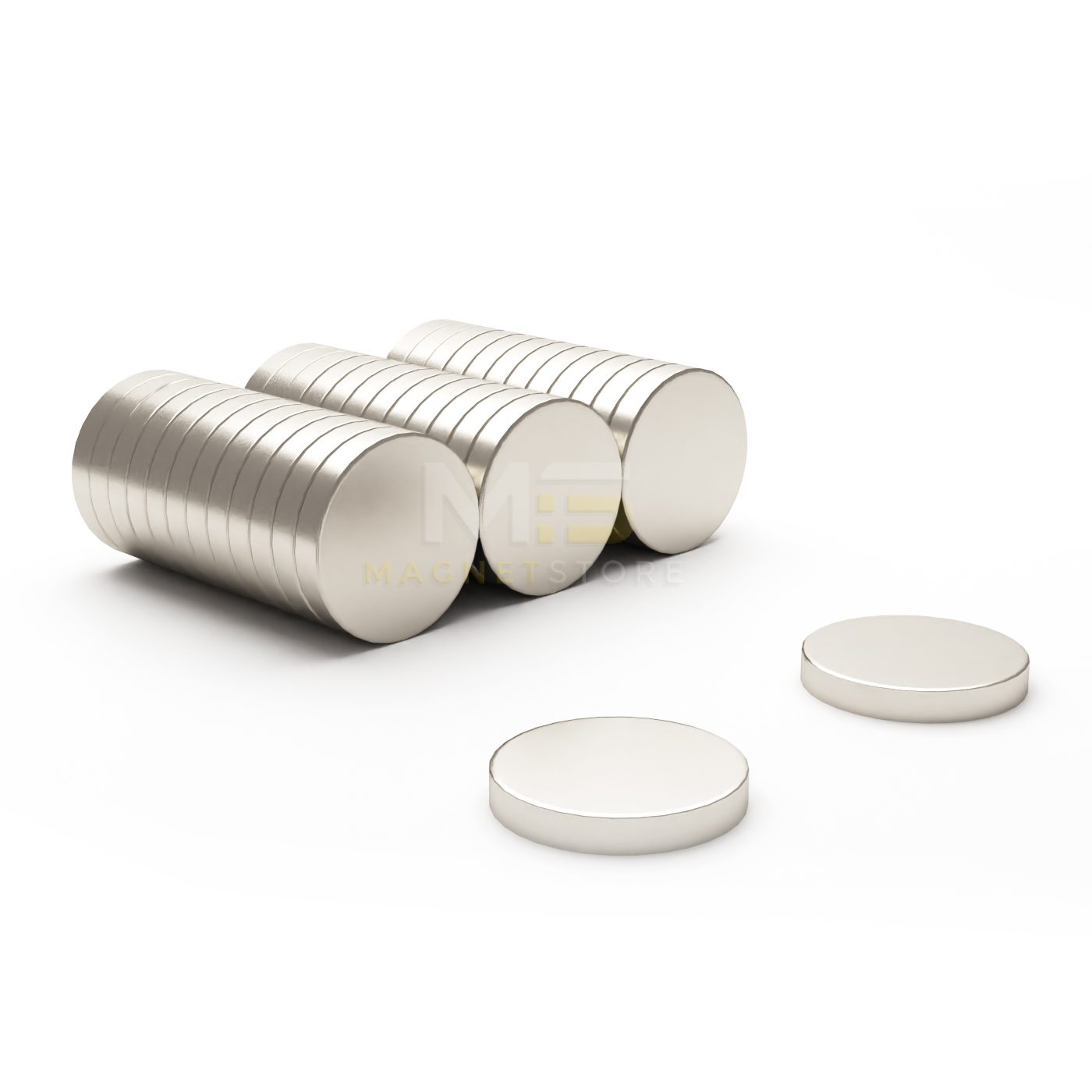 Round Circular Disc Neodymium magnet with dimensions 15mm x 5mm, grade N42, featuring a nickel-copper-nickel coating and an 5.48KG pull force, commonly used in DIY, crafts, furniture design, fixings, kitchen design, sale display units, scale models, lock mechanisms, science experiments, computing and many more.
