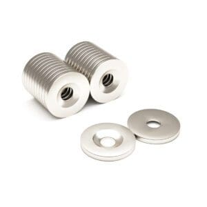Round Circular Disc Neodymium magnet with countersunk hole for screwing and with dimensions 16mm x 3.5mm x (5mm hole), grade N42, featuring a nickel-copper-nickel coating and an 3.93KG pull force, commonly used in DIY, crafts, furniture design, fixings, kitchen design, lock mechanisms and science experiments.