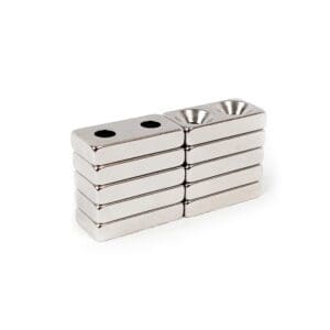 Rectangular Block Neodymium magnet with double countersunk hole for screwing and with dimensions 20mm x 10mm x 4mm (4mm Double Hole), grade N42, featuring a nickel-copper-nickel coating and an 2.81KG pull force, commonly used in DIY, crafts, furniture design, fixings, kitchen design, lock mechanisms and science experiments.