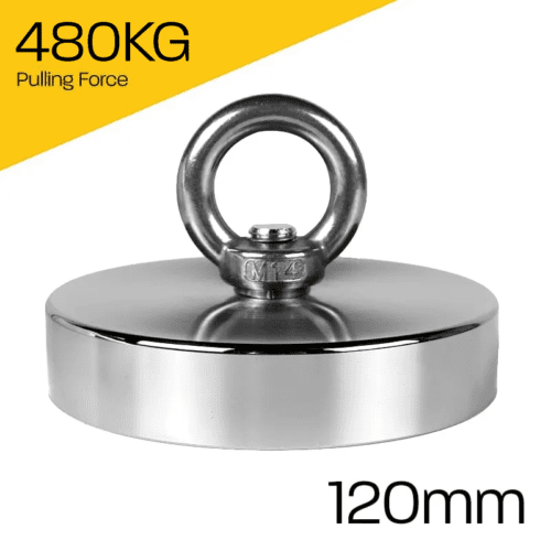 Heavy-duty fishing magnet brand Magnet Store 120mm Pot Magnet featuring a nickel-copper-nickel coating and an 480KG pull force, commonly used in for retrieving items from bodies of water such as canals and rivers.
