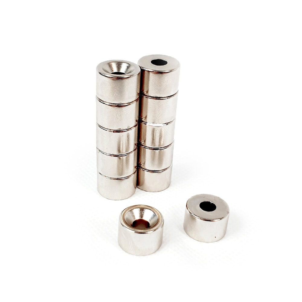 Round Circular Disc Neodymium magnet with countersunk hole for screwing and with dimensions 15mm x 10mm x (6mm Hole), grade N42 , featuring a nickel-copper-nickel coating and an 3.92KG pull force, commonly used in DIY, crafts, furniture design, fixings, kitchen design, lock mechanisms and science experiments.