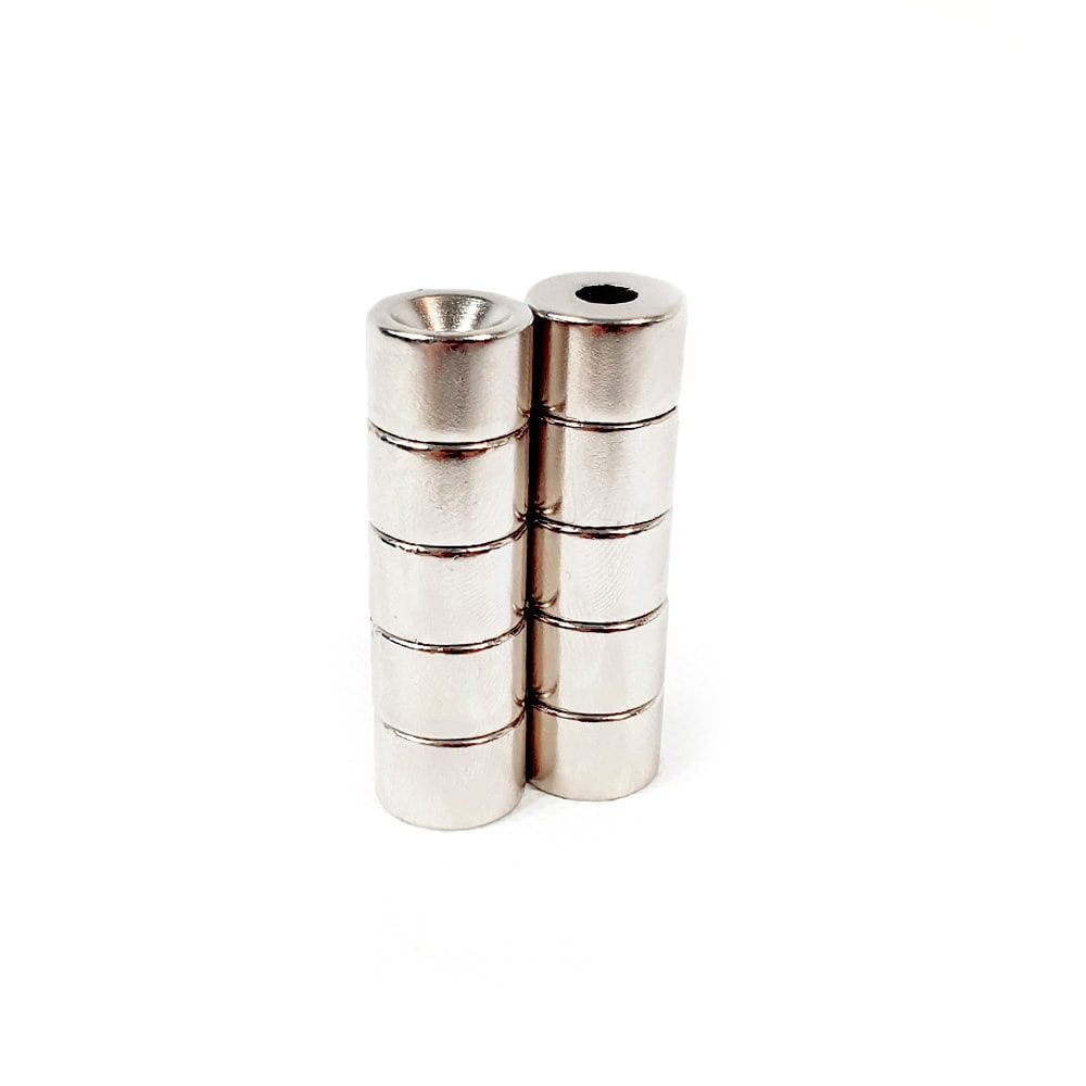 Round Circular Disc Neodymium magnet with countersunk hole for screwing and with dimensions 15mm x 10mm x (6mm Hole), grade N42 , featuring a nickel-copper-nickel coating and an 3.92KG pull force, commonly used in DIY, crafts, furniture design, fixings, kitchen design, lock mechanisms and science experiments.