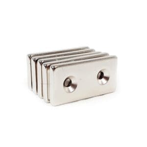 Square Block Neodymium magnet with double countersunk hole for screwing and with dimensions 40mm x 20mm x 4mm x (Two 4mm Holes), grade N42 , featuring a nickel-copper-nickel coating and an 6.30KG pull force, commonly used in DIY, crafts, furniture design, fixings, kitchen design, lock mechanisms and science experiments.