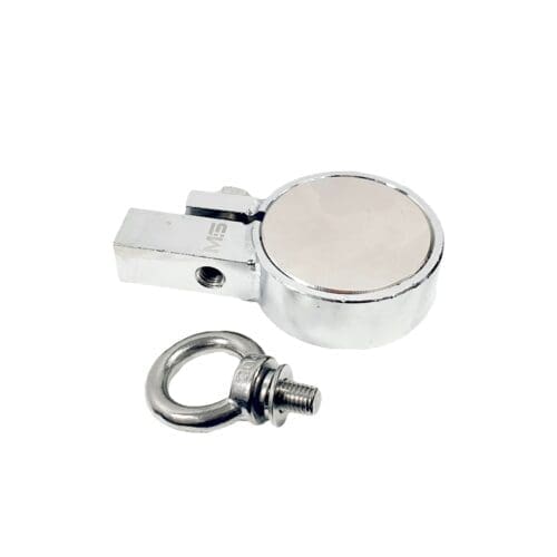 Heavy-duty fishing magnet brand Magnet Store 220 Pro Clamp featuring a nickel-copper-nickel coating and an 440KG pull force, commonly used in for retrieving items from bodies of water such as canals and rivers.