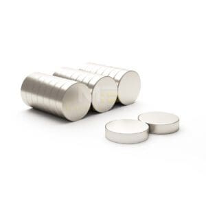 Round Circular Disc Neodymium magnet with dimensions 20mm x 10mm, grade N42, featuring a nickel-copper-nickel coating and an 12.21KG pull force, commonly used in DIY, crafts, furniture design, fixings, kitchen design, sale display units, scale models, lock mechanisms, science experiments, computing and many more.