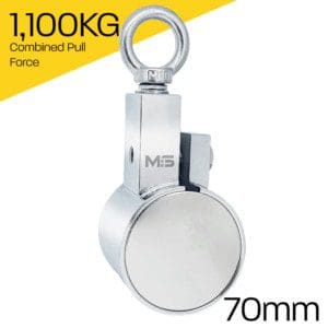 Heavy-duty fishing magnet brand Magnet Store 550 Pro Clamp featuring a nickel-copper-nickel coating and an 1,100KG pull force, commonly used in for retrieving items from bodies of water such as canals and rivers.