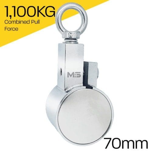 Heavy-duty fishing magnet brand Magnet Store 550 Pro Clamp featuring a nickel-copper-nickel coating and an 1,100KG pull force, commonly used in for retrieving items from bodies of water such as canals and rivers.