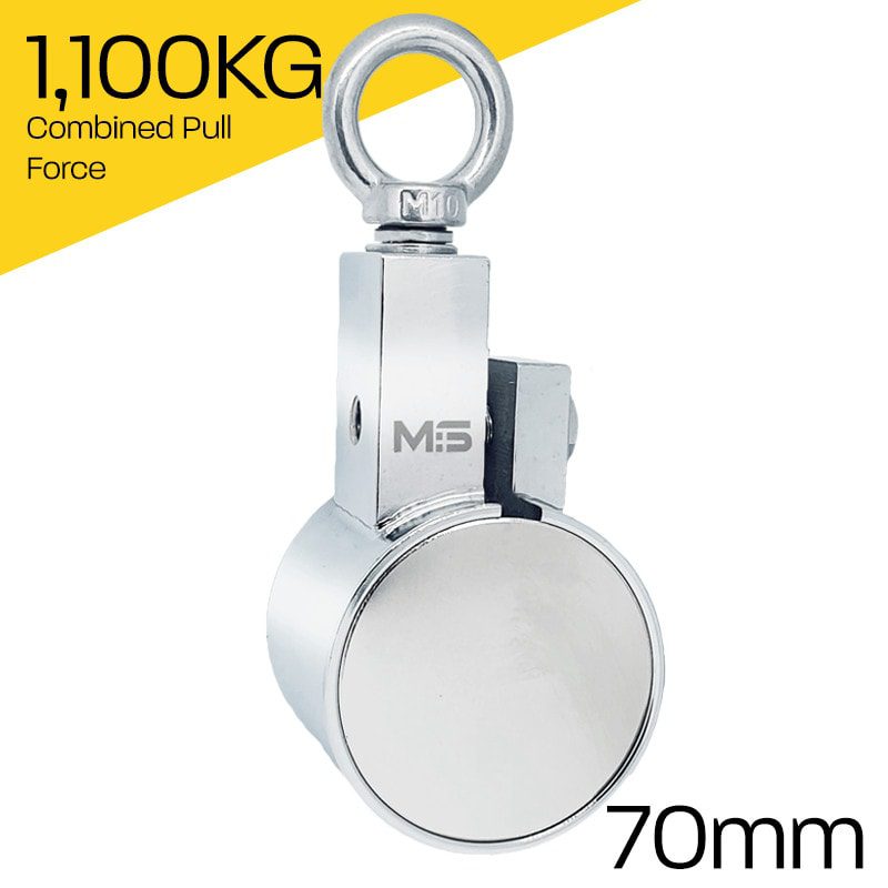 Heavy-duty fishing magnet brand Magnet Store 550 Pro Clamp featuring a nickel-copper-nickel coating and an 1,100KG pull force, commonly used in for retrieving items from bodies of water such as canals and rivers.