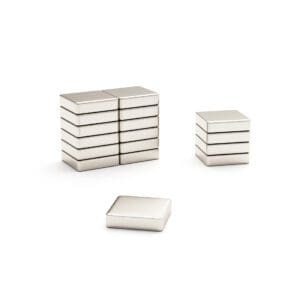 Square block Neodymium magnet with dimensions 8mm x 8mm x 2mm, grade N42, featuring a nickel-copper-nickel coating and an 1.04KG pull force, commonly used in DIY, crafts, furniture design, fixings, kitchen design, sale display units, scale models, lock mechanisms, science experiments, education, computing and many more.