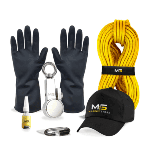 Magnet Fishing Kit for removing objects from bodies of water. Image shows the kit contents which includes 110 Pro Clamp fishing magnet with a pull force of 220KG , yellow rope, protective gloves, branded cap, threadlock, carabiner.
