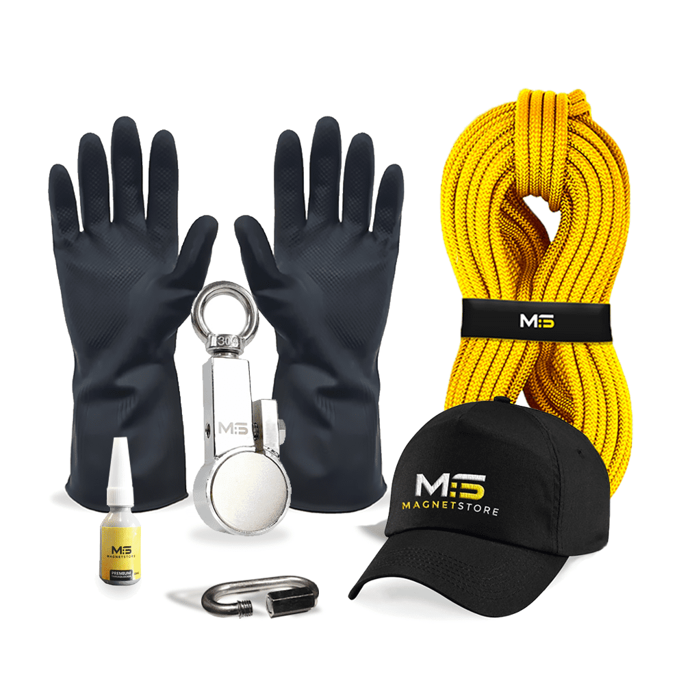 Magnet Fishing Kit for removing objects from bodies of water. Image shows the kit contents which includes 110 Pro Clamp fishing magnet with a pull force of 220KG , yellow rope, protective gloves, branded cap, threadlock, carabiner.