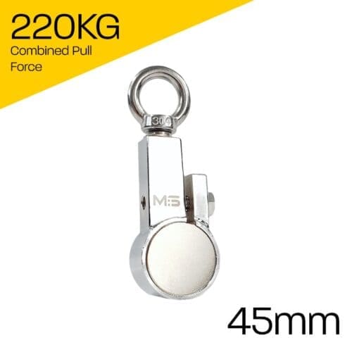 Heavy-duty fishing magnet brand Magnet Store 110 Pro Clamp featuring a nickel-copper-nickel coating and an 220KG pull force, commonly used in for retrieving items from bodies of water such as canals and rivers.