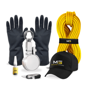Magnet Fishing Kit for removing objects from bodies of water. Image shows the kit contents which includes 110 Pro Clamp fishing magnet with a pull force of 220KG , yellow rope, protective gloves, branded cap, threadlock, carabiner.