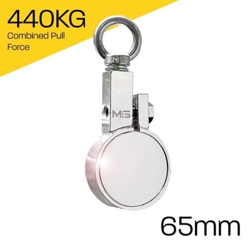 Heavy-duty fishing magnet brand Magnet Store 220 Pro Clamp featuring a nickel-copper-nickel coating and an 440KG pull force, commonly used in for retrieving items from bodies of water such as canals and rivers.