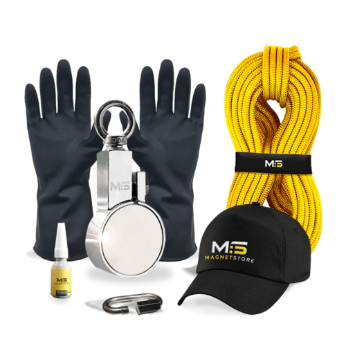 Magnet Fishing Kit for removing objects from bodies of water. Image shows the kit contents which includes 110 Pro Clamp fishing magnet with a pull force of 220KG , yellow rope, protective gloves, branded cap, threadlock, carabiner.