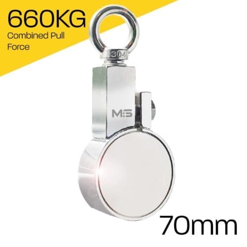 Heavy-duty fishing magnet brand Magnet Store 330 Pro Clamp featuring a nickel-copper-nickel coating and an 660KG pull force, commonly used in for retrieving items from bodies of water such as canals and rivers.
