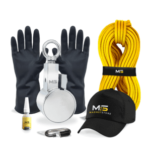 Magnet Fishing Kit for removing objects from bodies of water. Image shows the kit contents which includes 110 Pro Clamp fishing magnet with a pull force of 220KG , yellow rope, protective gloves, branded cap, threadlock, carabiner.