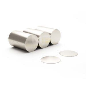 Round Circular Disc Neodymium magnet with dimensions 10mm x 1mm, grade N42, featuring a nickel-copper-nickel coating and an 0.56KG pull force, commonly used in DIY, crafts, furniture design, fixings, kitchen design, sale display units, scale models, lock mechanisms, science experiments, computing and many more.