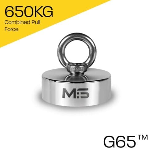 Heavy-duty fishing magnet brand Magnet Store GENESIS 65 360 Degree featuring a nickel-copper-nickel coating and an 650KG pull force, commonly used in for retrieving items from bodies of water such as canals and rivers.