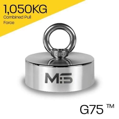 Heavy-duty fishing magnet brand Magnet Store GENESIS 75 featuring a nickel-copper-nickel coating and an 1,050KG pull force, commonly used in for retrieving items from bodies of water such as canals and rivers.