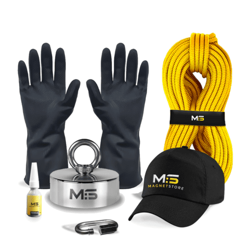 Magnet Fishing Kit for removing objects from bodies of water. Image shows the kit contents which includes Genesis 65 - 360 Degree fishing magnet with a pull force of 650KG , yellow rope, protective gloves, branded cap, threadlock, carabiner.