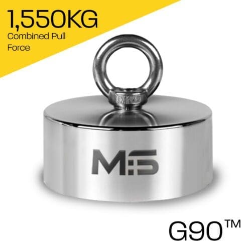 Heavy-duty fishing magnet brand Magnet Store GENESIS 90 featuring a nickel-copper-nickel coating and an 1,550KG pull force, commonly used in for retrieving items from bodies of water such as canals and rivers.
